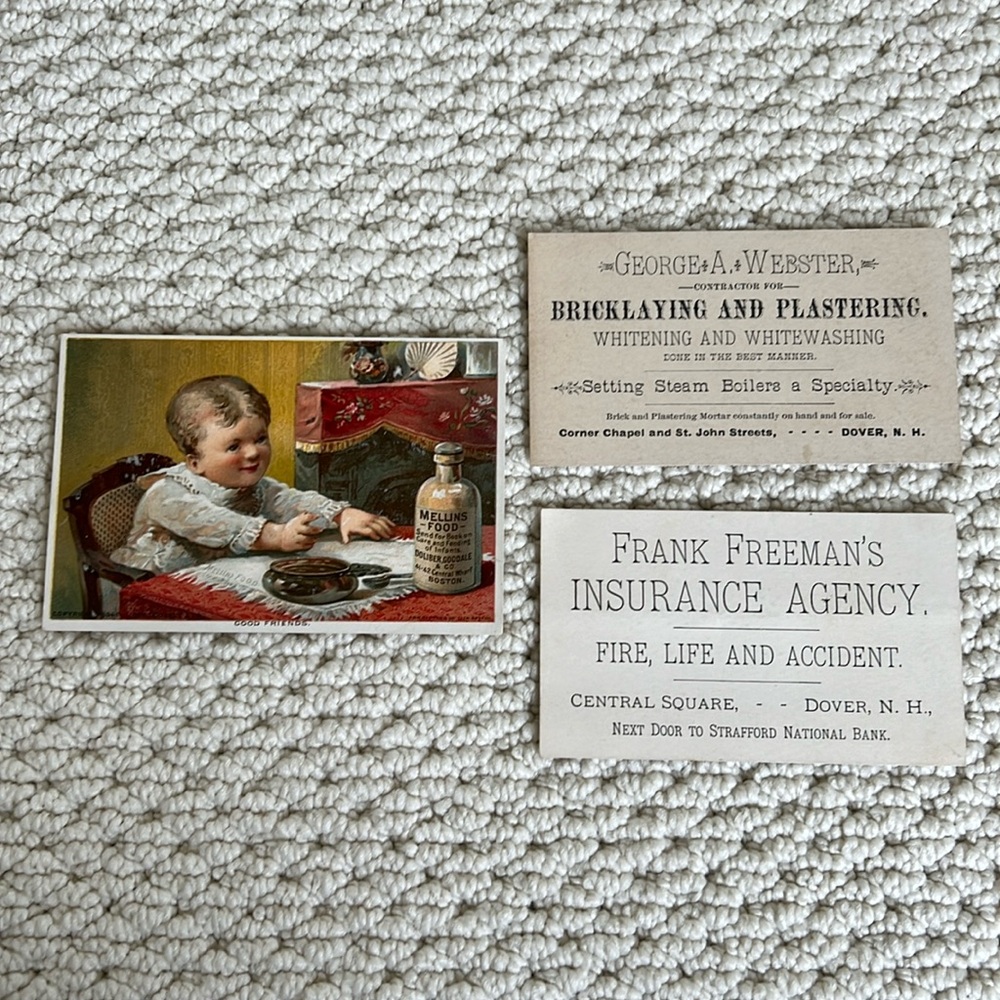 Set of theee vintage cards from New Hampshire businesses, circa early 20th cen